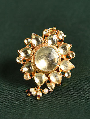 Gold Plated Kundan Adjustable Ring with Pearls