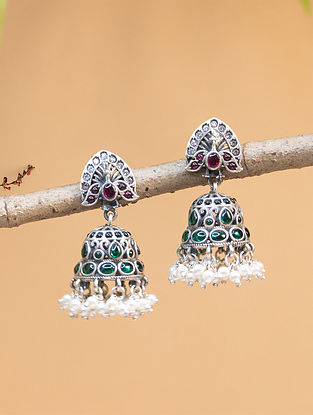 Pink Green Sterling Silver Jhumki Earrings with Kempstone and Pearls