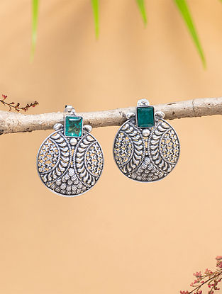 Green Tribal Silver Earrings with Emerald