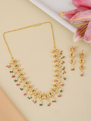 Green Pink Gold Tone Jadau Necklace Set