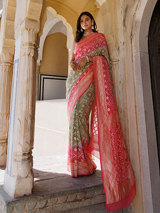 Pink And Green Hand Woven Georgette  Saree