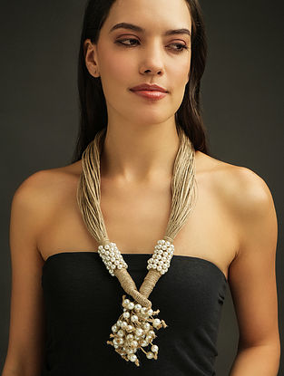 White Handcrafted Jute Necklace with Pearls