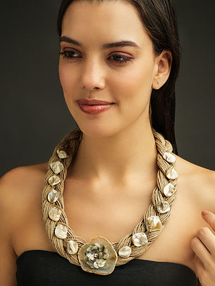 White Handcrafted Jute Necklacewith Pearls