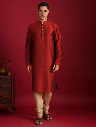 Red Silk Full Sleeves Kurta with Pyjama (Set of 2)