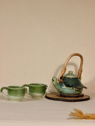 Green Handcrafted Ceramic Turtle Tea-Pot Cups (Set of 3)