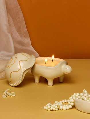 White Handcrafted Ceramic Turtle Tea-Light and Candle Holder