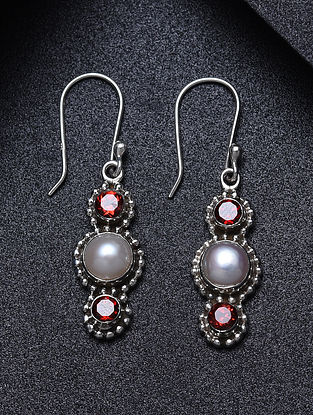 Maroon Sterling Silver Earrings with Garnet and Freshwater Pearl