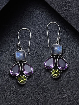 Purple Green Sterling Silver Earrings with Amethyst, Peridot and Rainbow Moonstone