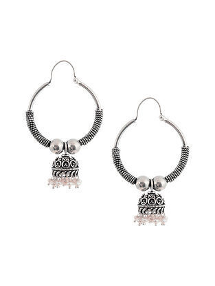 Tribal Silver Hoop Earrings with Pearls 