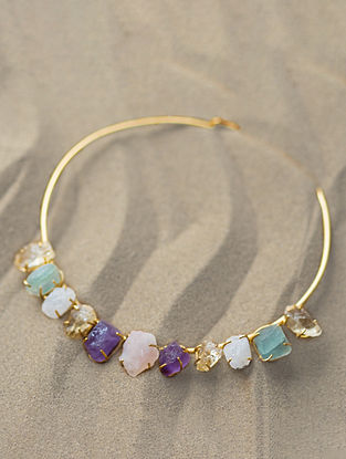 Multicolored Gold Plated Handcrafted Necklace With Amethyst Rose Quartz Citrine And Fluorite