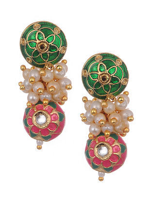 Pink Green Gold Tone Enameled Earrings With Pearls