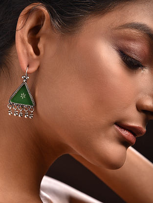 Green Enameled Glass Silver Earrings