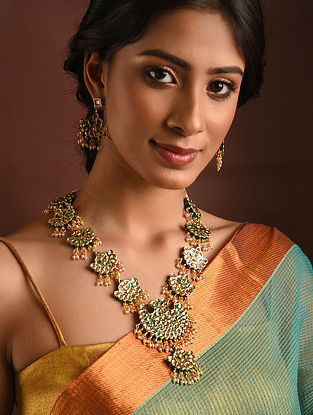 Green Gold Tone Kundan Necklace And Earrings With Pearls