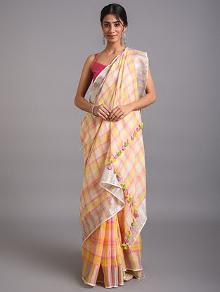 Multicolour Handwoven Linen Saree with Zari and Tassels