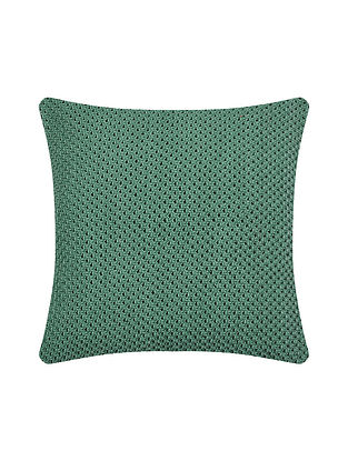 Green Cotton Classic Hand-Knotted Cushion Cover (L-15.5in, W-15.5in)