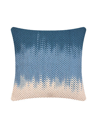 Indigo Blue Cotton Ombre Hand-Knotted Cushion Cover (L-15.5in, W-15.5in)