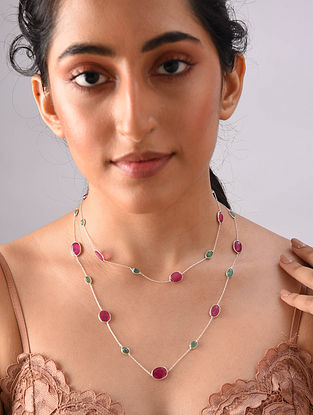 Sterling Silver Necklace With Emerald And Ruby