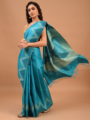 Blue Handwoven Tussar Silk Saree