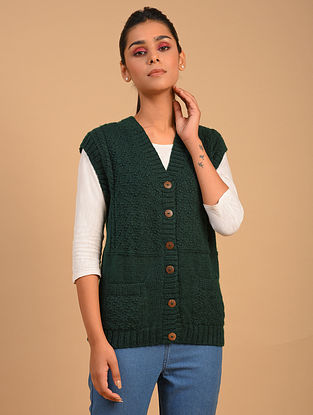 Green Hand Knit Wool Sleeveless Cardigan