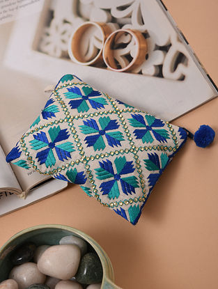Blue White Phulkari Embroidered Cotton Pouch