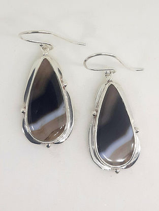 Brown Silver Earrings with Natural Agate