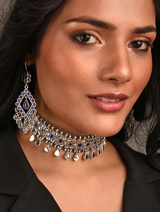 Blue Tribal Silver Choker Necklace with Earrings