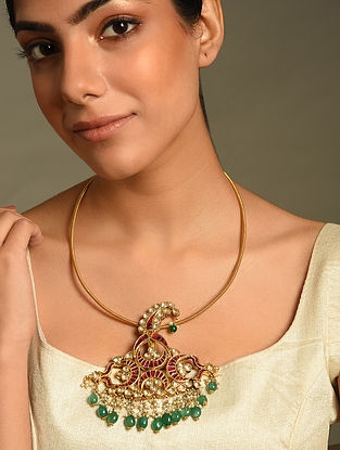 Gold Plated Kundan Silver Hasli Necklace with Freshwater Pearls
