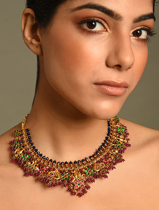Red Green Gold Plated Kundan Silver Necklace