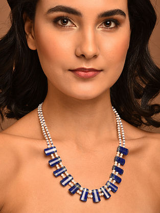 Blue White Beaded Necklace with Lapis Lazuli and Pearls