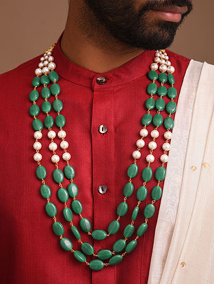 Green White Gold Tone Layered Beaded Necklace For Men