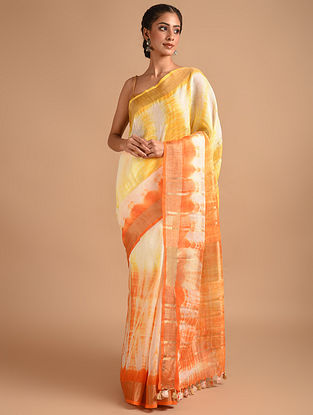 Multicolour Handcrafted Shibori Bhagalpur Linen Saree With Dull Gold Zari And Tassels
