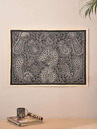Black Peacock Madhubani Painting On Paper (L- 22.2in,W- 30.2in)