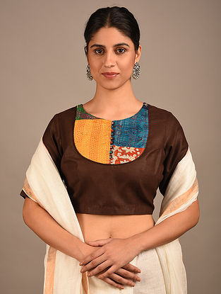 Brown Kantha Cotton Silk Blouse with Patchwork