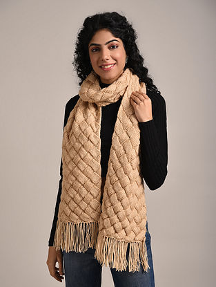 Beige Brown Hand Knitted Wool Scarf