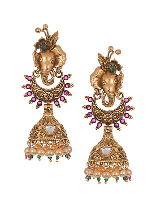 Red Green Gold Tone Temple Earrings with Pearls