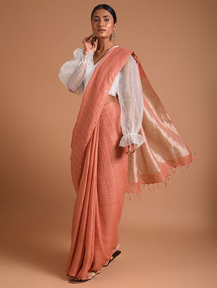 Pink Handwoven Linen Saree With Zari Stripe 