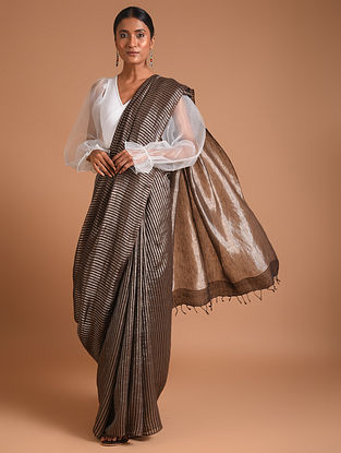 Brown Handwoven Linen Saree With Zari Stripe 