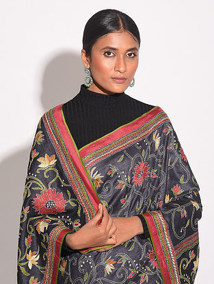Black Kantha Embroidered Tussar Saree