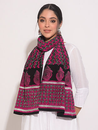 Pink Kantha Embroidered Crepe Scarf