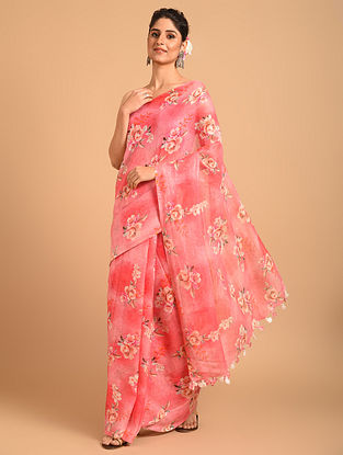 Pink Printed Linen Saree
