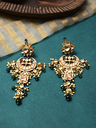 Green Gold Tone Kundan Chandbali Earrings with Onyx