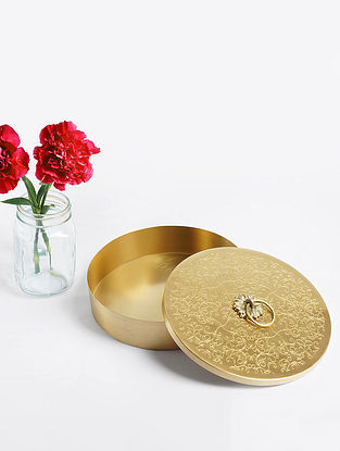 Gold Brass Roti Box With Lid (Dia- 8.2in, H- 2.2in)