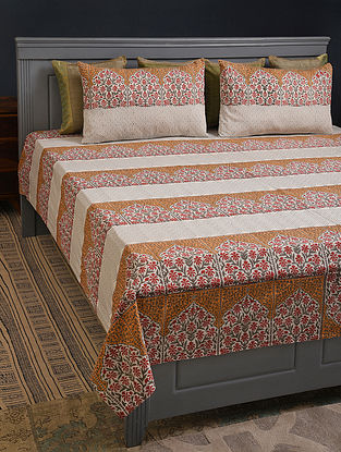 Multicolor Cotton Handblock Printed Queen Bedsheet With Pillow Covers (Set Of 3)