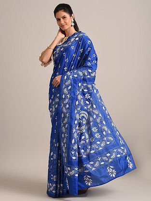 Blue Kantha Embroidered Semi Silk Saree