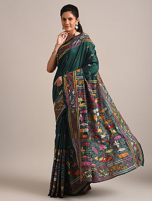Green Kantha Embroidered Semi Silk Saree