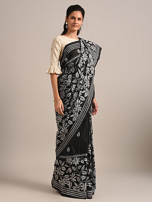 Black Kantha Embroidered Semi Silk Saree