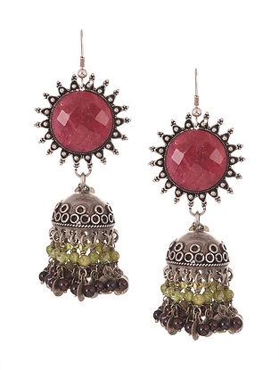 Pink Vintage Silver Jhumki Earrings With Multicoloured Stones