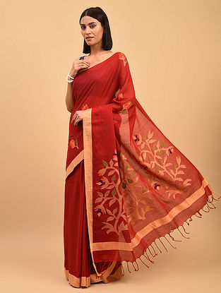  Red Handwoven Jamdani Cotton  Saree
