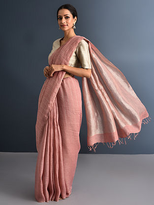 Pink Handwoven Linen Saree with Zari