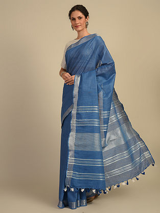 Blue Handloom Cotton Linen Saree